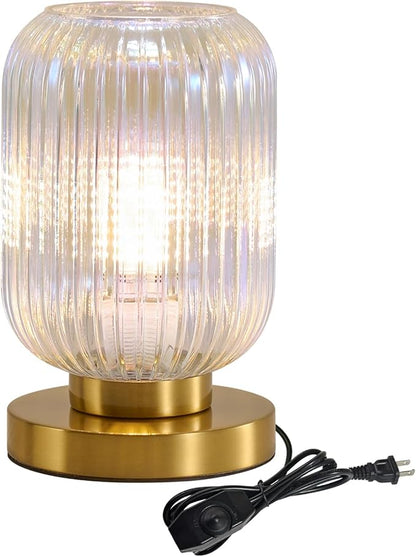Dimmable Colorful Glass Table Lamp: Mid Century Modern Nightstand Light With Stained Shade - Small Decorative Brass Desk Lamp - Ribbed Glass Bedside Tables Lamps for Bedroom Living Room Bulb Excluded