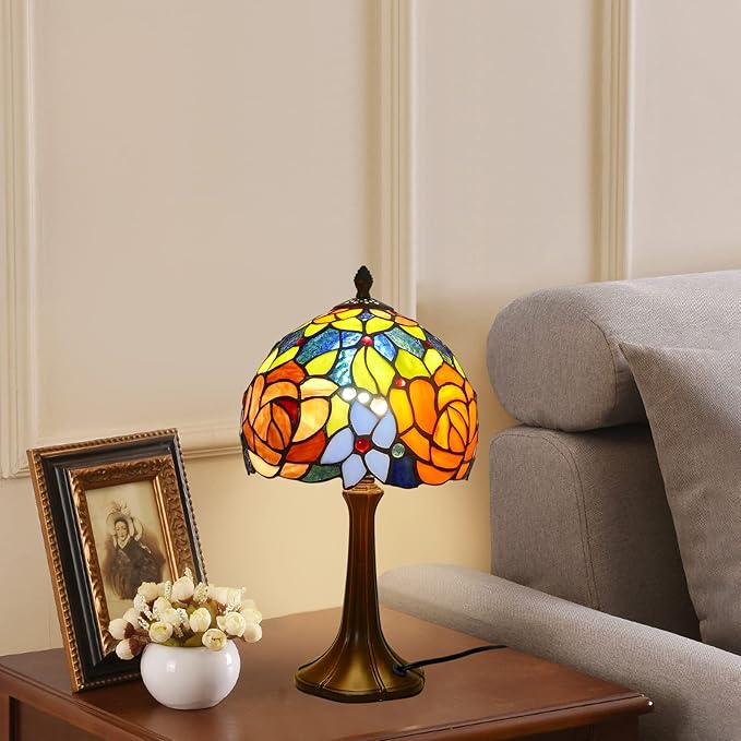 Tiffany Table Lamp Romantic Double-Color Roses Handmade Stained Glass Desk Lamps 8" Wide 15" Tall Vintage Reading Lamp for Office, Living Room, Bedroom, LED Bulb Included