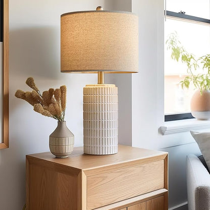 PoKat 23" Modern Ceramic Table Lamp Set of 2 for Living Room White Desk Lamps for Bedroom Farmhouse Bedside Nightstand Lamp House Warming Gifts New Home Decor End Table Lamps Gifts for Women Mom Beige