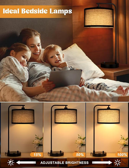 Innqoo Black Tall Table Lamp with USB Port and Outlet, Dimmable Nightstand Bedside Lamps with Linen Lampshade, Desk Lamp for Bedroom, Living Room, Guest Room, Home Office, LED Bulb Included