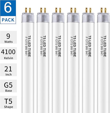 6 Pack 21 Inch F13T5/CW LED Replacement Bulbs, 4100K Cool White, T5 LED 9 Watts Replace Fluorescent Bulb with LED, Replacement Tube for Counter and Cabinet Fixture