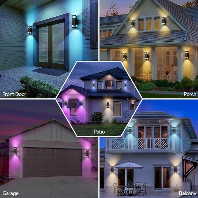 Outdoor Smart Wall Lights 2 Pack, Aluminum Exterior Lighting Fixtures Dusk to Dawn Color Changing Outdoor Lights with Matte Black Finish for Outside Decor, DIY Lighting Effects