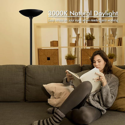 30W Torchiere Floor Lamp - 3600LM Super Bright LED Floor Lamp, 71 Inch Stepless Dimmable Standing Lamp with 3000K Lighting, Rotary Switch, Tall Metal Torch Floor lamps for Living Room/Bedroom (Black)