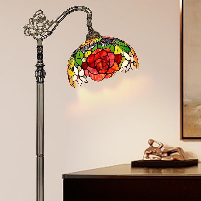 Tiffany Floor Lamp Red Yellow Orange Rose Stained Glass Arched Lamp 12x18x70 Inches Antique Bronze Gooseneck Adjustable Corner Standing Light Decor Reading Space Living Bedroom Home Office