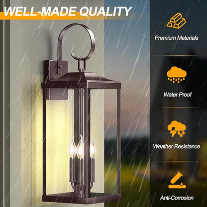2 Packs 24" Extra Large 3-Light Outside Wall Light Fixture, Oil Rubbed Bronze Outdoor Porch Lantern Wall Mounted, Waterproof Modern Brown Outside Wall Sconce Coach Lamp for House, E12