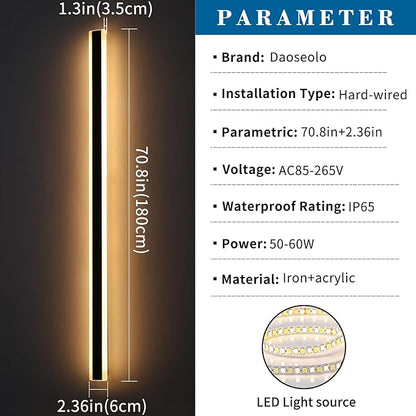 2 Pack Long Outdoor Wall Light, 71inch Modern LED Wall Sconce, 3 Color 3000K/4500K/6000K, 60W, IP65 Waterproof, Black Minimalist Exterior Lighting Fixture for Porch, Backyard, Garage, Balcony
