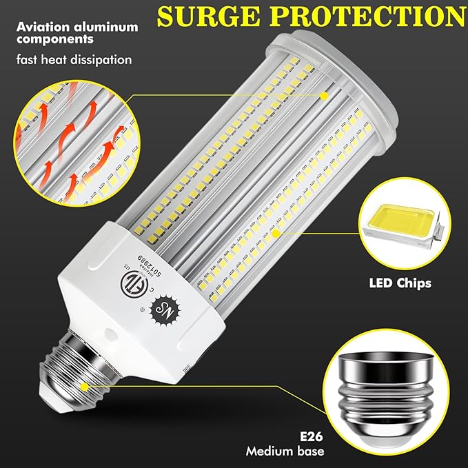 NS LED Corn Light Bulbs 9000 Lumens Super Bright (600W Equivalent), A19 60W E26 5000K Daylight, Energy Saving 90%, Non-Dimmable (1-Set)-for Home Workshop