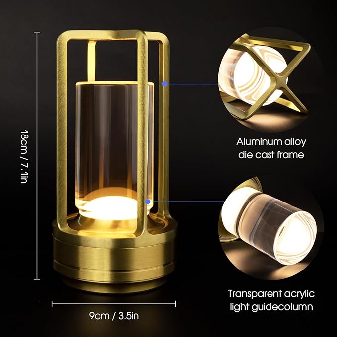 Cordless Table Lamp for Outdoor Indoor, Portable Rechargeable Battery Powered LED Crystal Lantern Lamp, 3 Color Touch Control Stepless Dimming, Small Desk Light for Restaurant Home (Gold)
