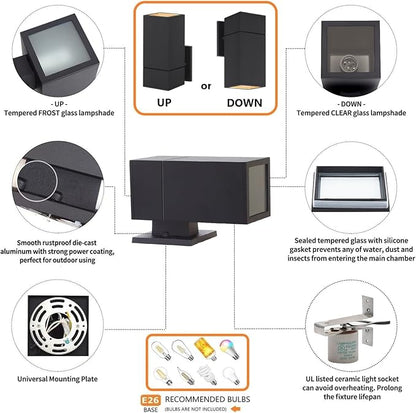 Outdoor Wall Light, Exterior Lighting - ETL Listed, Aluminum Anti-Rust Waterproof Wall Mount Rectangular Design – 1-Direction Up or Down Wall Sconce Light Fixture for Porch, Garage or Patio
