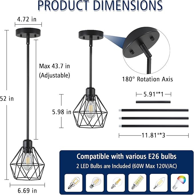 2 Pack Black Pendant Lights Kitchen Island, Modern Farmhouse Hanging Light Fixture with Metal Cage Shade, Industrial Pendant Light for Kitchen Dining Area Entryway, Adjustable Height