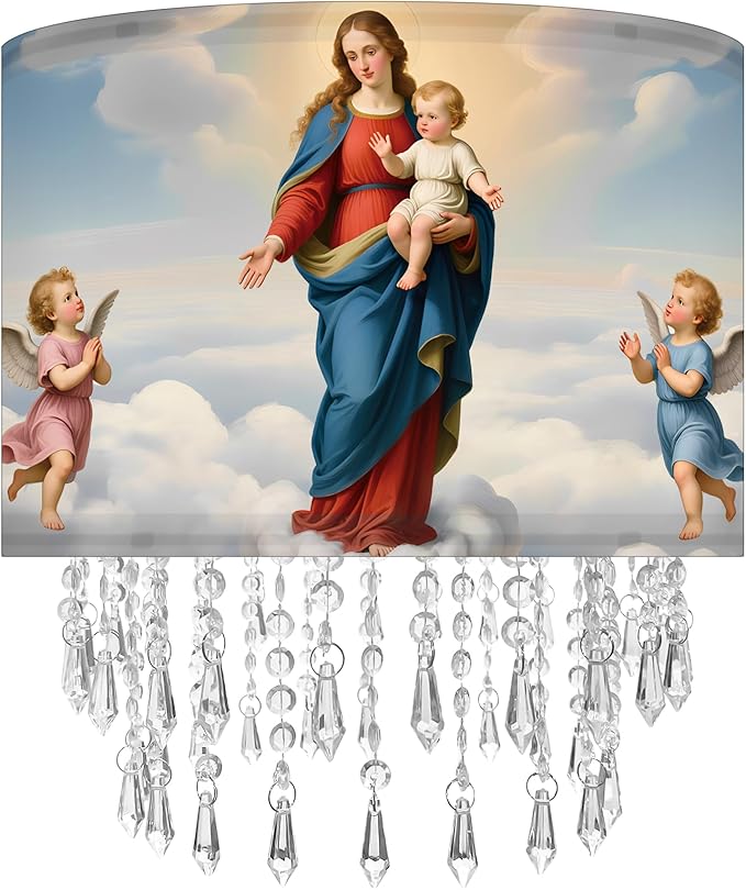 Madonna & Child Lamp Shade with Acrylic Bead Droplets, Drum Fabric Light Shade for Ceiling Pendant Table & Floor Lamps, Religious Catholic Christian Church Prayer, 11.8in