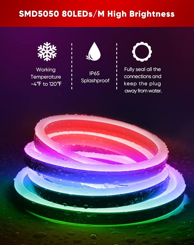 Shine Decor LED RGB Neon Rope Lights AC 120V, Expandable & Cuttable Bright Strip Lighting with Remote, Dimmable Color Changing, ETL Cold-Resistant & IP65 Waterproof for in&Outdoor, 10x20mm, 50FT