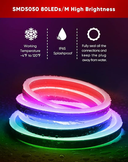 Shine Decor LED RGB Neon Rope Lights AC 120V, Expandable & Cuttable Bright Strip Lighting with Remote, Dimmable Color Changing, ETL Cold-Resistant & IP65 Waterproof for in&Outdoor, 10x20mm, 50FT
