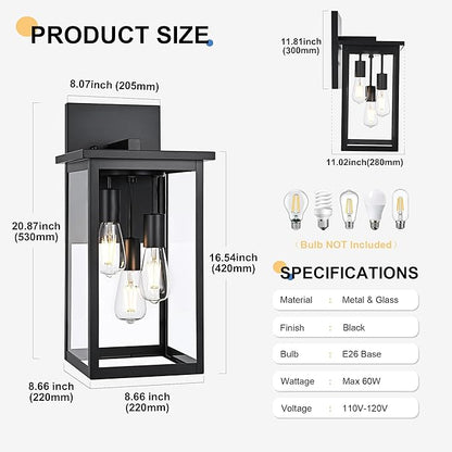 TODOLUZ 3-Light Large Outdoor Wall Sconce in Black, Waterproof Exterior Porch Wall Light Fixture for Garage Patio Entryway, E26 Bulb Base