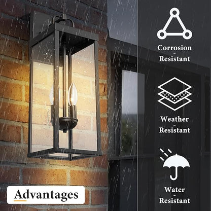 Outdoor Wall Sconce Light, 20 Inch Tall Transitional Exterior Wall Bracket Lighting with Clear Glass, Anti-Rust Powder Coat Black Modern Outside Lantern for Front Porch Corridor Doorway Patio