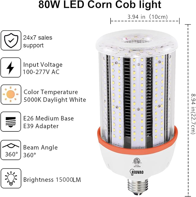 120W Led Corn light bulbs,18000 Lumen LED Corn Bulb 1200W Equivalent 5000K Daylight White Lamp,E26/E39 Medium Mogul Base,2-Pack Large Area Lights For Outdoor Indoor Warehouse Garage High Bay Lighting