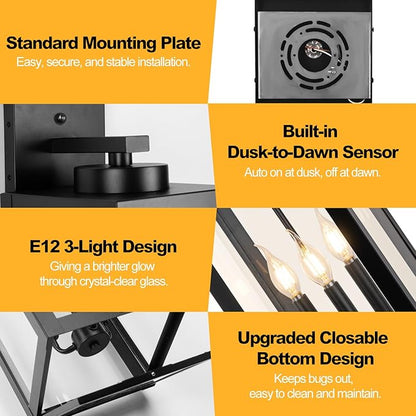 24" Extra Large Fully Enclosed Dusk to Dawn Outdoor Light Fixture 3-Light, Black Outdoor Porch Lantern Wall Mounted, Waterproof Outside Wall Sconce Coach Lamp for House, E12, 2 Packs