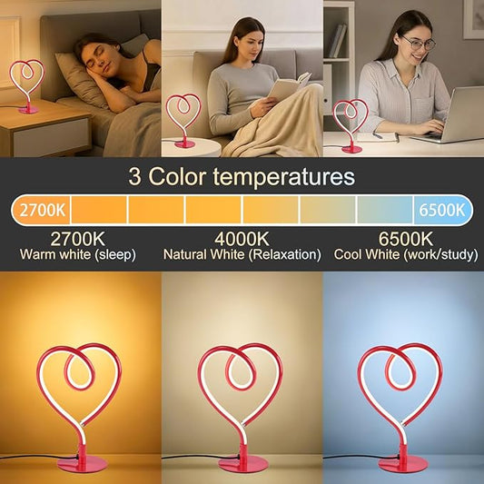 Red Table Lamp – 3CCT 2700K 4000K 6500K Stepless Dimmable Heart Lamp, Touch Control Aluminum Bedside Lamps with USB Adapter, for Bedroom,Girls Room,Nightstand,Desk