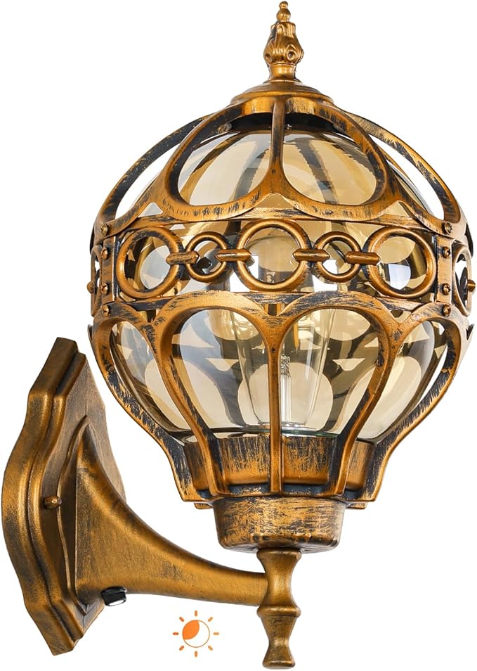 Globe Outdoor Wall Lights with Dusk to Dawn Sensor,Waterproof Gold Sphere Outside Wall Light Fixtures, Anti-Rust Exterior Aluminum Round Porch Lights for Patio Porch Backyard Garage，Large