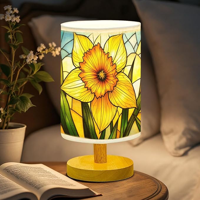 Daffodil Table Lamp LED 3-Color Pressed Bedside, Daffodil Shade Lamp with Wood Base for Bedroom Living Room Desk Office TL01