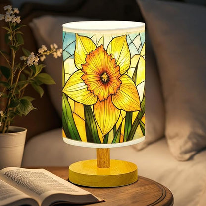 Daffodil Table Lamp LED 3-Color Pressed Bedside, Daffodil Shade Lamp with Wood Base for Bedroom Living Room Desk Office TL01