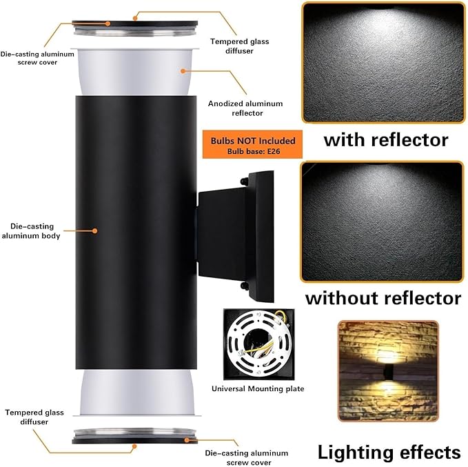 Outdoor Wall Light, Exterior Lighting - ETL Listed, Die-Casting Aluminum Waterproof Wall Mount Cylinder Design - Up Down Light Fixture for Porch, Backyard and Patio (Black)