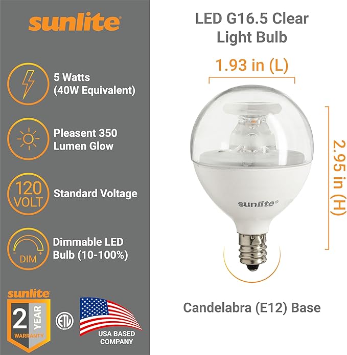 Sunlite G16.5 Light Bulb LED, 5 Watts (40W Equiv.), 350 Lumens, Dimmable, Type G Globe Shape E12 Candelabra Base, Short Bulbs, Vanity Mirror Bulbs, 3000K Warm White, Clear, 6 Count