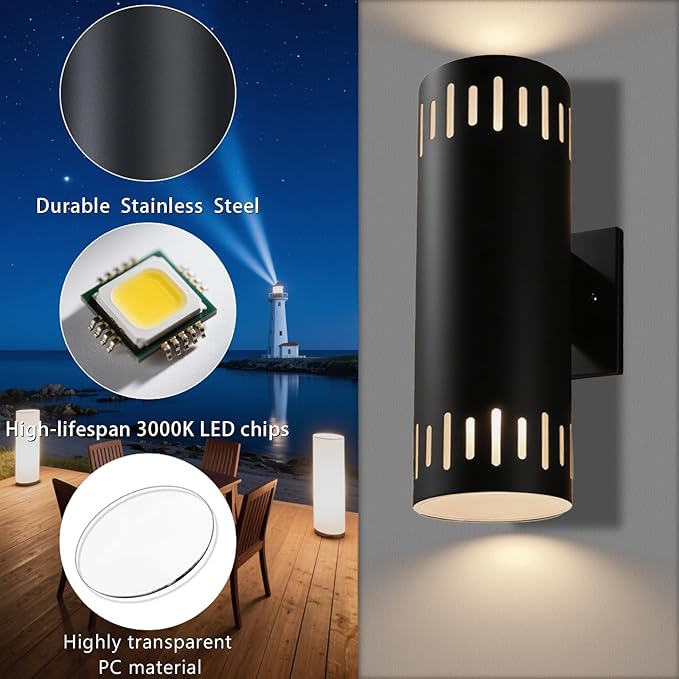 Outdoor Wall Lights Stainless Steel, 23W 3000K Integrated LED Cylinder Up Down Wall Sconces, 1300LM Warm White Exterior Lightiing IP65 Waterproof Light Fixture for House, Porch, Entryway, Black