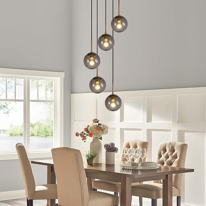 KCO Lighting 5 Light Cluster Pendant Lighting Smoke Glass Globe Chandelier Multi Pendant Light Fixture Gold Cluster Pendant Light Modern Staircase Chandelier