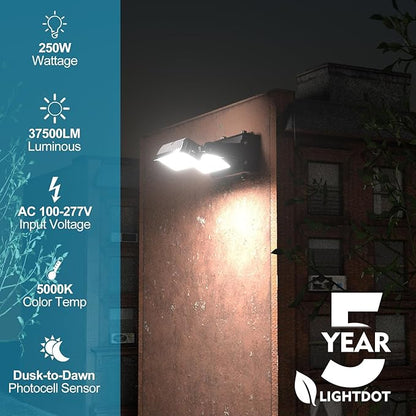 Lightdot 250W LED Wall Pack Lights, 360° Adjustable Panel with Dusk to Dawn Photocell, 37500Lm 5000K Daylight, IP65 Waterproof & Advanced Heat Dissipation Outdoor Security Lighting(Height:20~35ft)