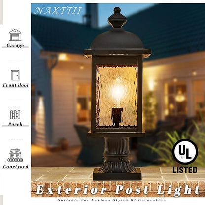 Outdoor Pole Light Aluminum Outdoor Post Light Hard Wired with Water Ripple Glass Matte Black Finish 16 Inch Height Outdoor Column Lighting E26 Socket