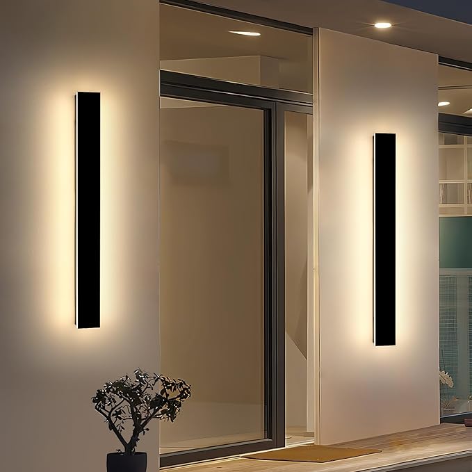 Mikeru 3CCT Dimmable Outdoor Wall Sconce 31.4" IP65 Waterproof -2Pack Modern Black Exterior Light with Remote Control, Adjustable 3000K/4500K/6000K for Porch, Patio & Commercial Spaces | Hardwired