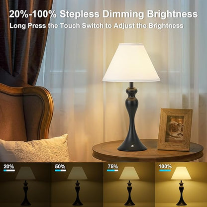 Rechargeable Cordless Table Lamps, Battery Operated Lamp with Fabric Shade for Decor, 3 Color Stepless Dimming LED Table Light, Nightstand Lamp for Nursery, Bedroom, Living Room, Home Office (Black)