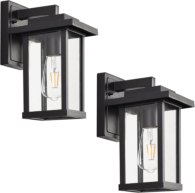 Outdoor Wall Light Fixtures, Modern Exterior Wall Mount Lanterns, Outside Wall Sconces in Black Finish with Clear Glass for Porch Patio Farmhouse, 2-Pack