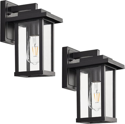 Outdoor Wall Light Fixtures, Modern Exterior Wall Mount Lanterns, Outside Wall Sconces in Black Finish with Clear Glass for Porch Patio Farmhouse, 2-Pack