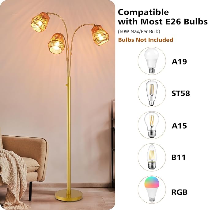 9MMML Vintage Gold Arc Floor Lamp with Rotatable Arms & Rattan Lampshade, 3-Light Mode Rotary Switch Adjustable, 72.5'' Tall Standing Lamp for Living Room, Bedroom, E26 Base