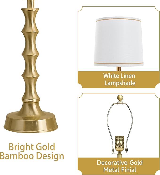 24" Gold Table Lamps Set of 2 with White Shade, Modern Small Bedroom & Nightstand Lights for Living Room & End Table