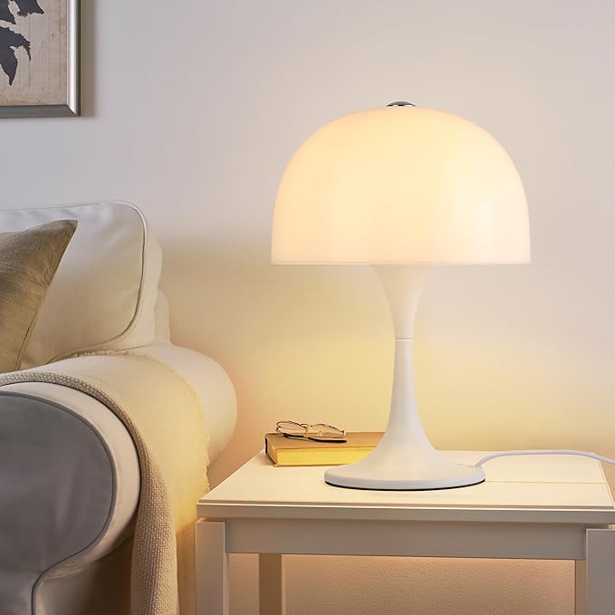 Modern Sleek Table Lamp for Bedroom, 3-Light LED End Table Lamp for Living Room, Office, Milky White Acrylic Shade Metal Mushroom Desk Lamp for Bedside Night Light, White Base