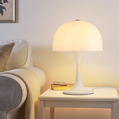 Modern Sleek Table Lamp for Bedroom, 3-Light LED End Table Lamp for Living Room, Office, Milky White Acrylic Shade Metal Mushroom Desk Lamp for Bedside Night Light, White Base