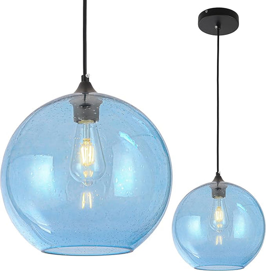 Blue Glass Pendant Lights Kitchen Island Lighting Modern Globe Pendant Light Fixtures Modern Pendant Lights for Kitchen Island Bedroom Living Dining Room Light Fixture-11.8inch