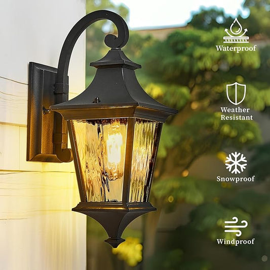 Outdoor Wall Lights 21 Inch Large Size Exterior Porch Lights Wall Mount with Water Ripple Glass Black Outdoor Porch Light for Houses E26 Socket Downward Installation