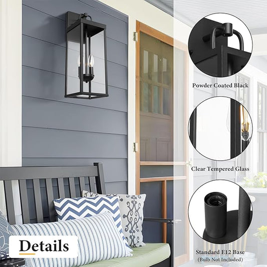 Outdoor Wall Sconce Light, 20 Inch Tall Transitional Exterior Wall Bracket Lighting with Clear Glass, Anti-Rust Powder Coat Black Modern Outside Lantern for Front Porch Corridor Doorway Patio