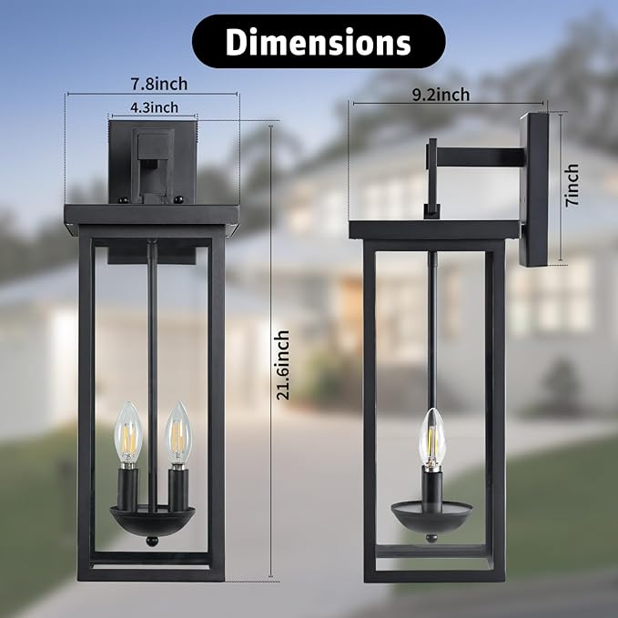 tewei 2 Pack Large Size Outdoor Wall Lantern Exterior Wall Light Fixture, 22 Inch Matte Black Porch Light Waterproof Outdoor Lights for House with Clear Glass Shade, E12 Exterior Sconces for Garage