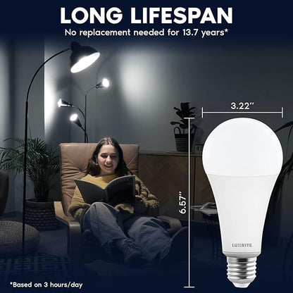 LUXRITE A23 LED Light Bulb, 33 Watt, E26 Base Bulb, 4000 Lumens, Dimmable, 5000K Bright White, 240° Beam Angle, CRI 80, 120V, Damp Rated, Shatter-Proof, UL Listed, Frosted (2 Pack)