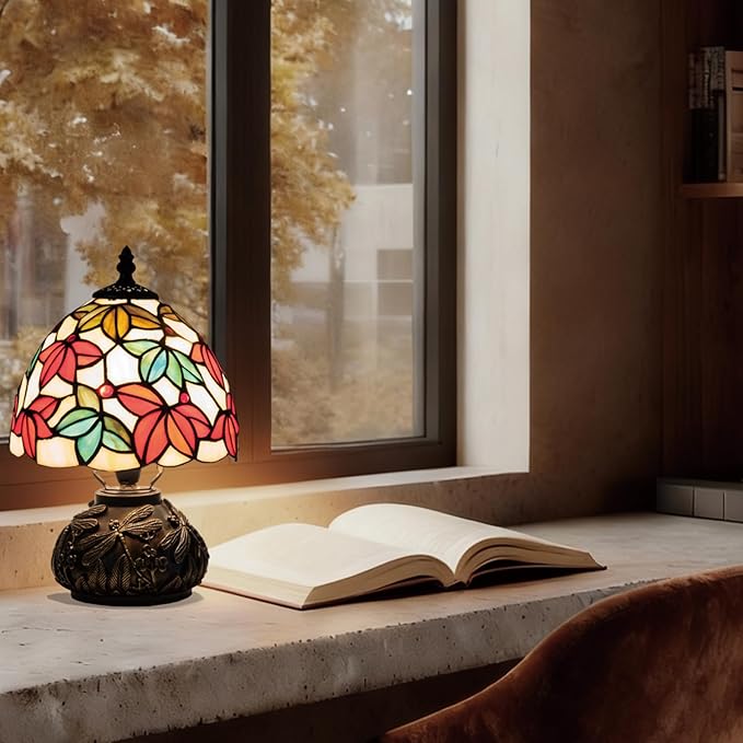 Tiffany Style Stained Glass Mushroom Table Lamp 8" White Red Green Maple Leaf Floral Shade Nightstand Light for Bedroom Dorm Living Coffee Office Housewarming Gift (White Maple Leaf)