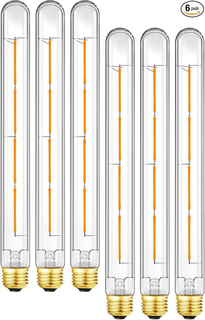 E26 LED Light Bulb,T10 Dimmable Led Tubular Bulb 6W,60 Watt Equivalent,T30 Long Bulbs 2700K Warm White,11In Edison Light Bulbs,T10 Clear Glass,6Pack.