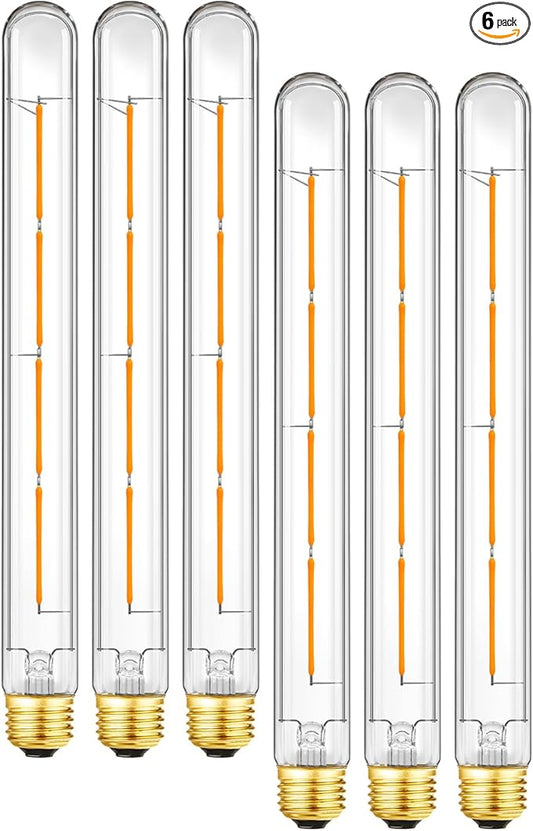 E26 LED Light Bulb,T10 Dimmable Led Tubular Bulb 6W,60 Watt Equivalent,T30 Long Bulbs 2700K Warm White,11In Edison Light Bulbs,T10 Clear Glass,6Pack.