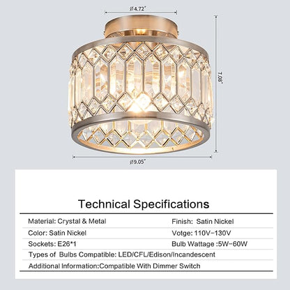 Crystal Ceiling Light Fixture, Modern Semi Flush Mount Ceiling Light,Crystal Chandelier for Kitchen Bedroom Bathroom Entryway Nickel Finish (Bulb not Included)