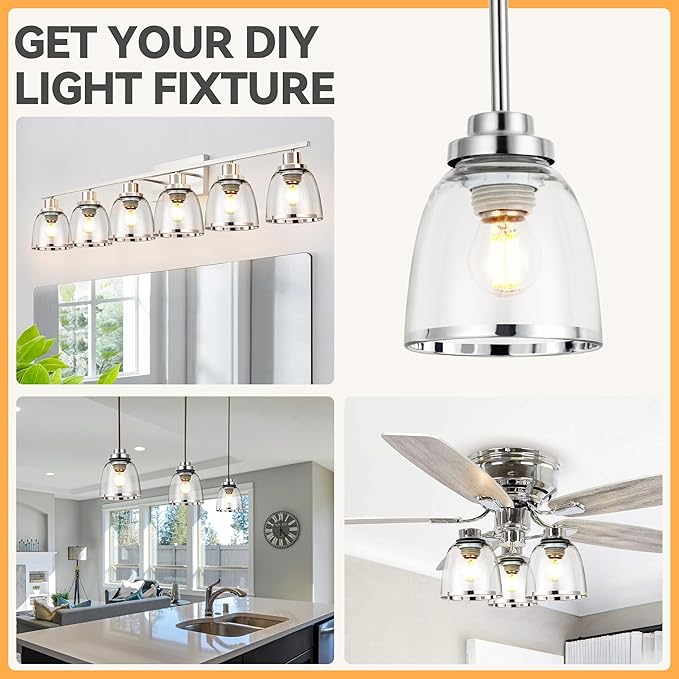 6 Pack Ceiling Fans Glass Shade Covers, Clear Glass Shade Replacements Globes Lampshades with Round Silver Border, Screw-Fixed Lamp shade for Light Fixtures Chandelier Sconces Vanity Lights