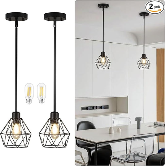 2 Pack Black Pendant Lights Kitchen Island, Modern Farmhouse Hanging Light Fixture with Metal Cage Shade, Industrial Pendant Light for Kitchen Dining Area Entryway, Adjustable Height